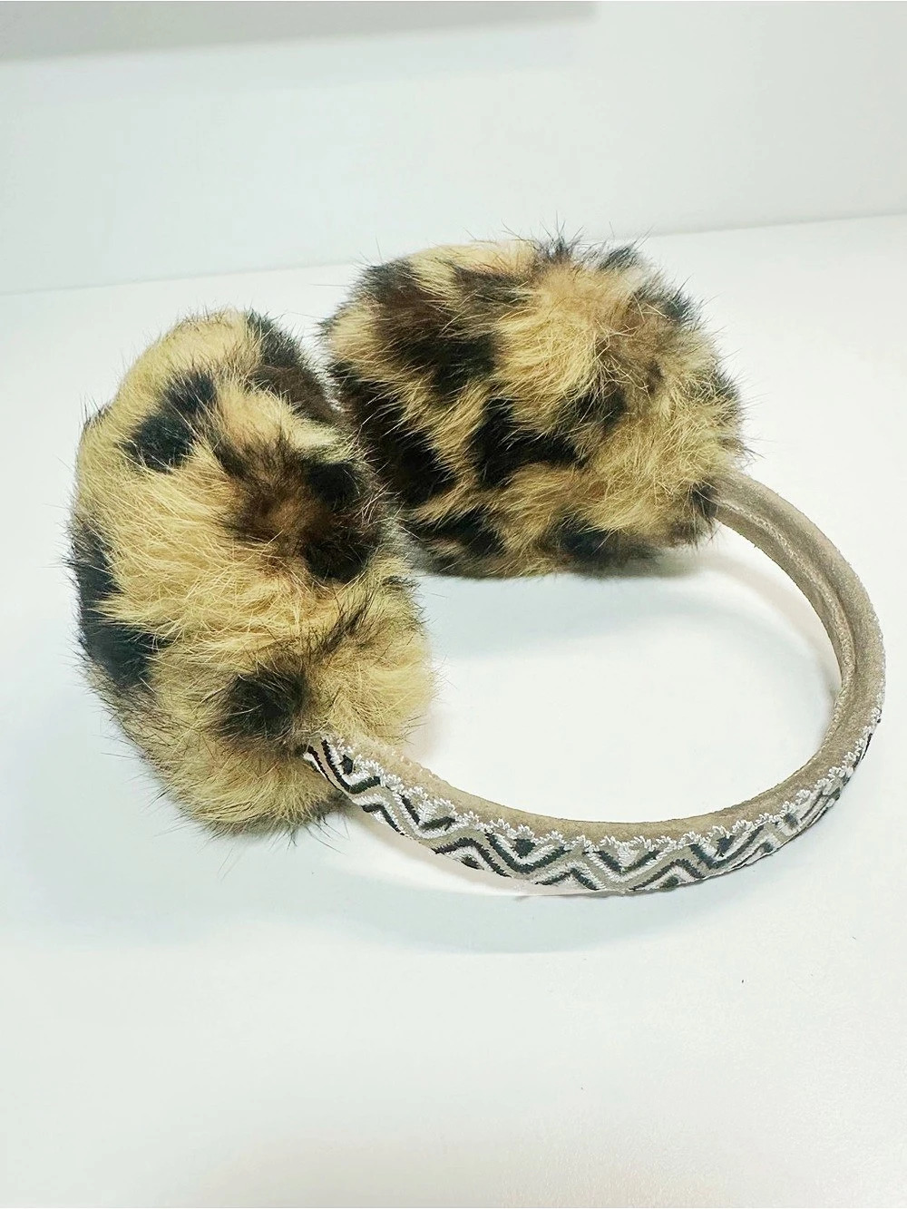 ❄️Leopard print Suede & Real Fur Animal Print Earmuffs in Brown & Black